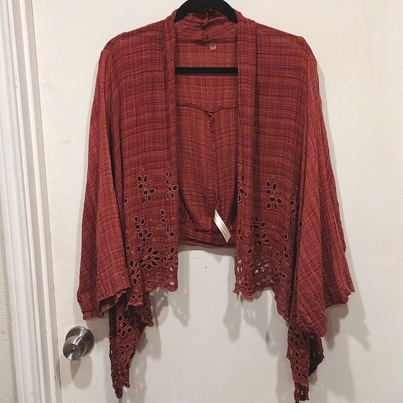 Free People One Sweaters - Free People One Eyelet Mauve Amaira Kimono Shrug/Cardigan Sz XS/S-Boho Festival